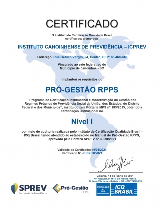 Canoinhas, através do seu órgão gestor ICPREV, obtém a Certificação do Pró-Gestão